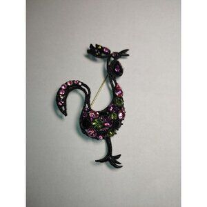 Vintage rooster brooch with multicolored rhinestones